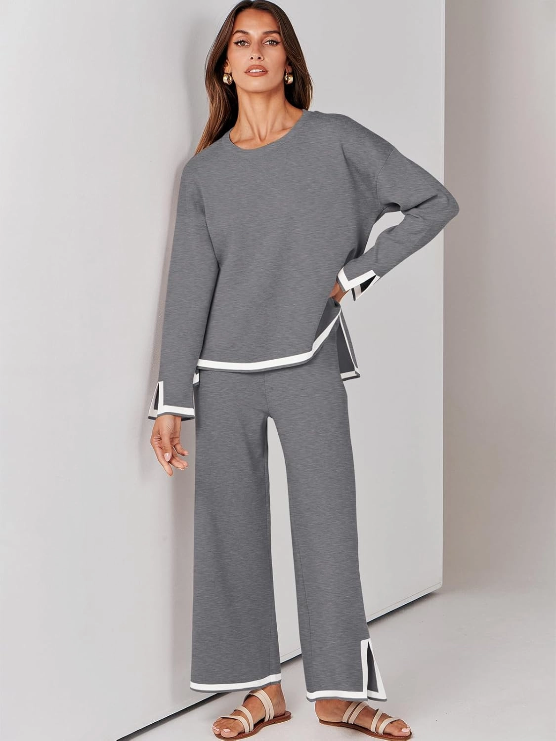 ANRABESS Women's Two Piece Outfits Knit Pullover Sweater Tops & Wide leg Pants Lounge Matching Sweatsuit Tracksuits Sets