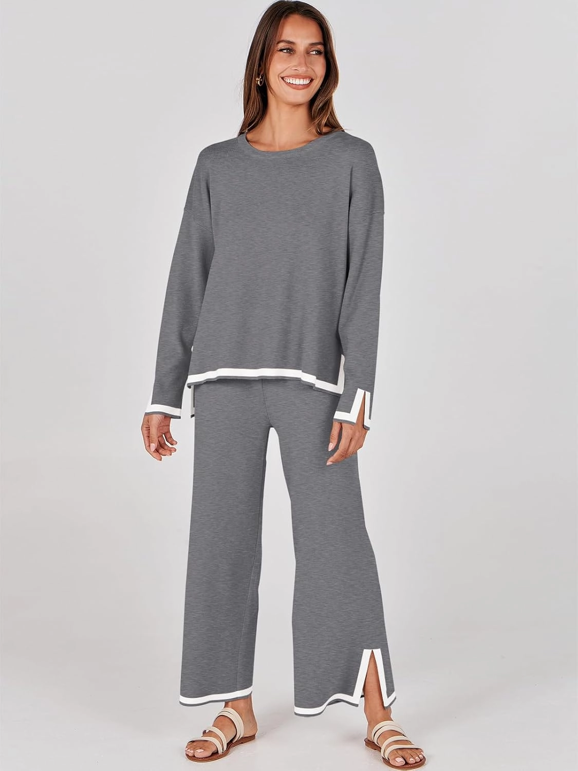 ANRABESS Women's Two Piece Outfits Knit Pullover Sweater Tops & Wide leg Pants Lounge Matching Sweatsuit Tracksuits Sets