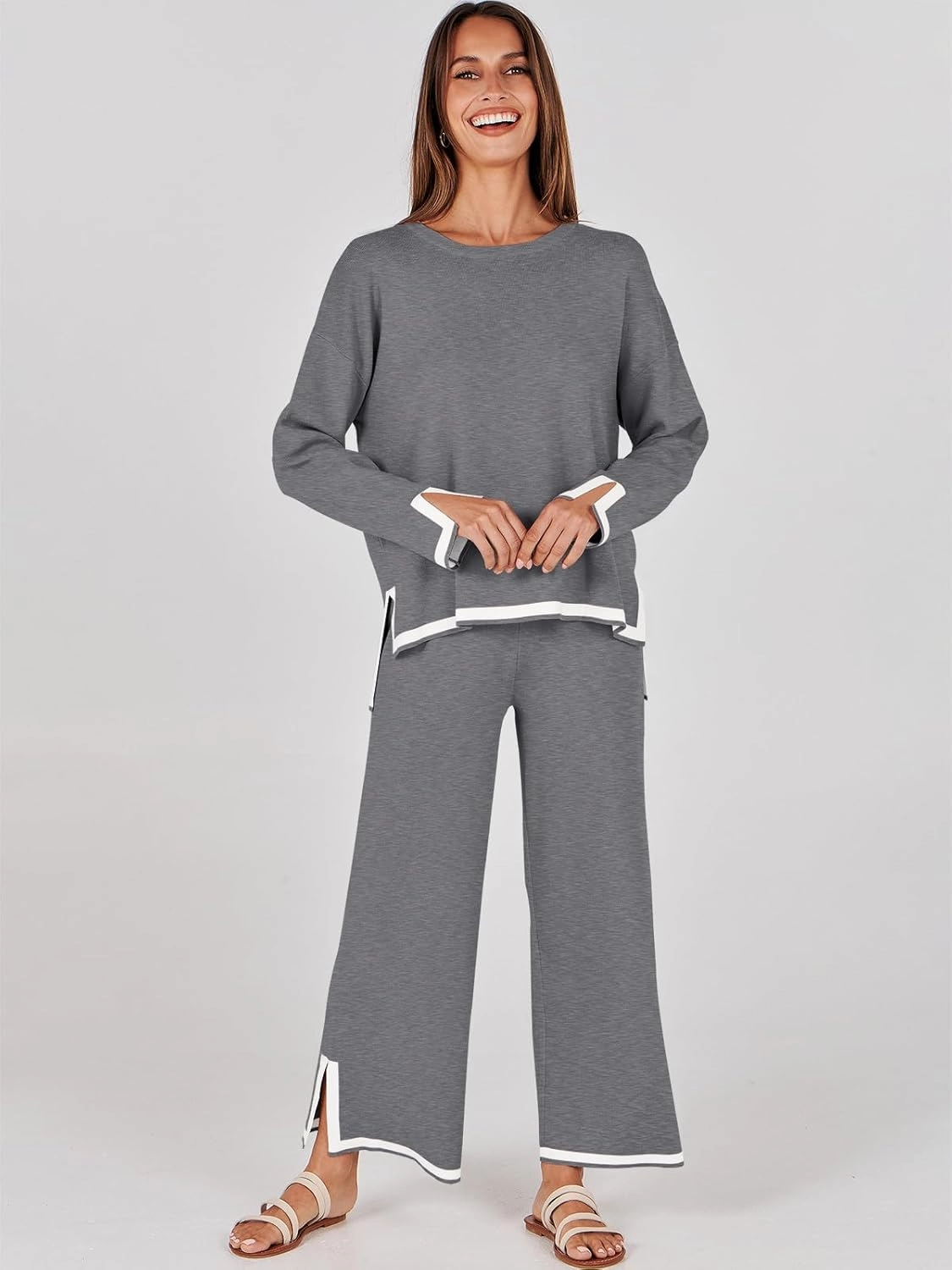ANRABESS Women's Two Piece Outfits Knit Pullover Sweater Tops & Wide leg Pants Lounge Matching Sweatsuit Tracksuits Sets