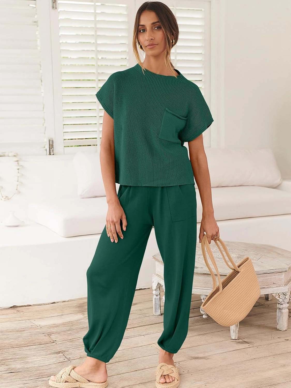 ANRABESS Women's Two Piece Outfits Knit Sweater Vest Crop Top Pants Lounge Matching Tracksuit Sweatsuit Travel Clothes Sets