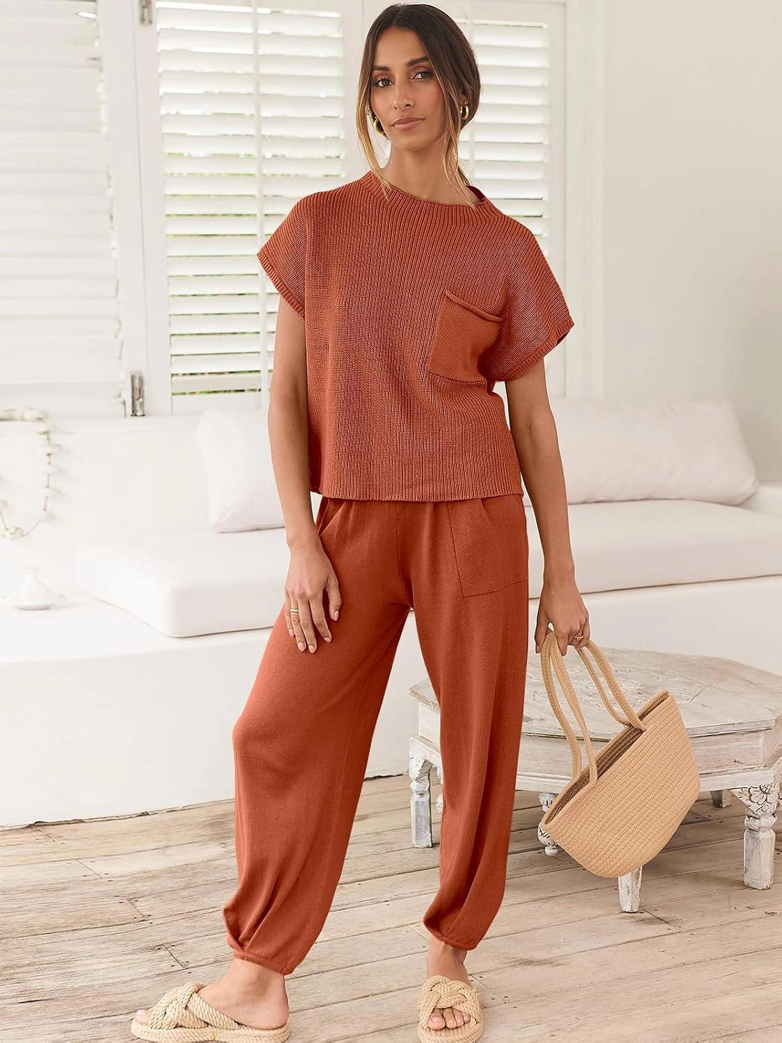 ANRABESS Women's Two Piece Outfits Knit Sweater Vest Crop Top Pants Lounge Matching Tracksuit Sweatsuit Travel Clothes Sets