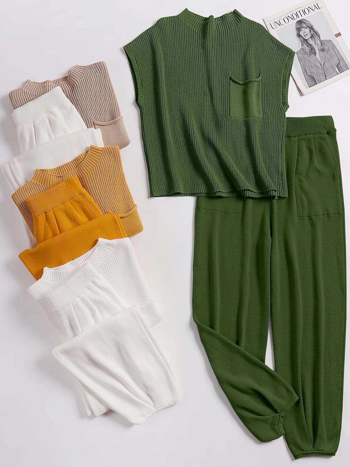 ANRABESS Women's Two Piece Outfits Knit Sweater Vest Crop Top Pants Lounge Matching Tracksuit Sweatsuit Travel Clothes Sets
