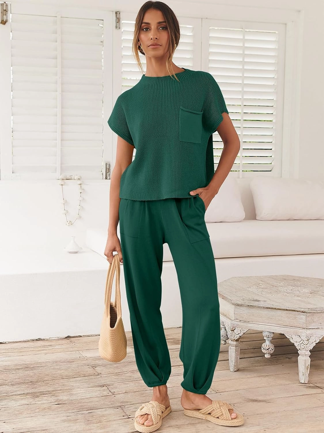 ANRABESS Women's Two Piece Outfits Knit Sweater Vest Crop Top Pants Lounge Matching Tracksuit Sweatsuit Travel Clothes Sets