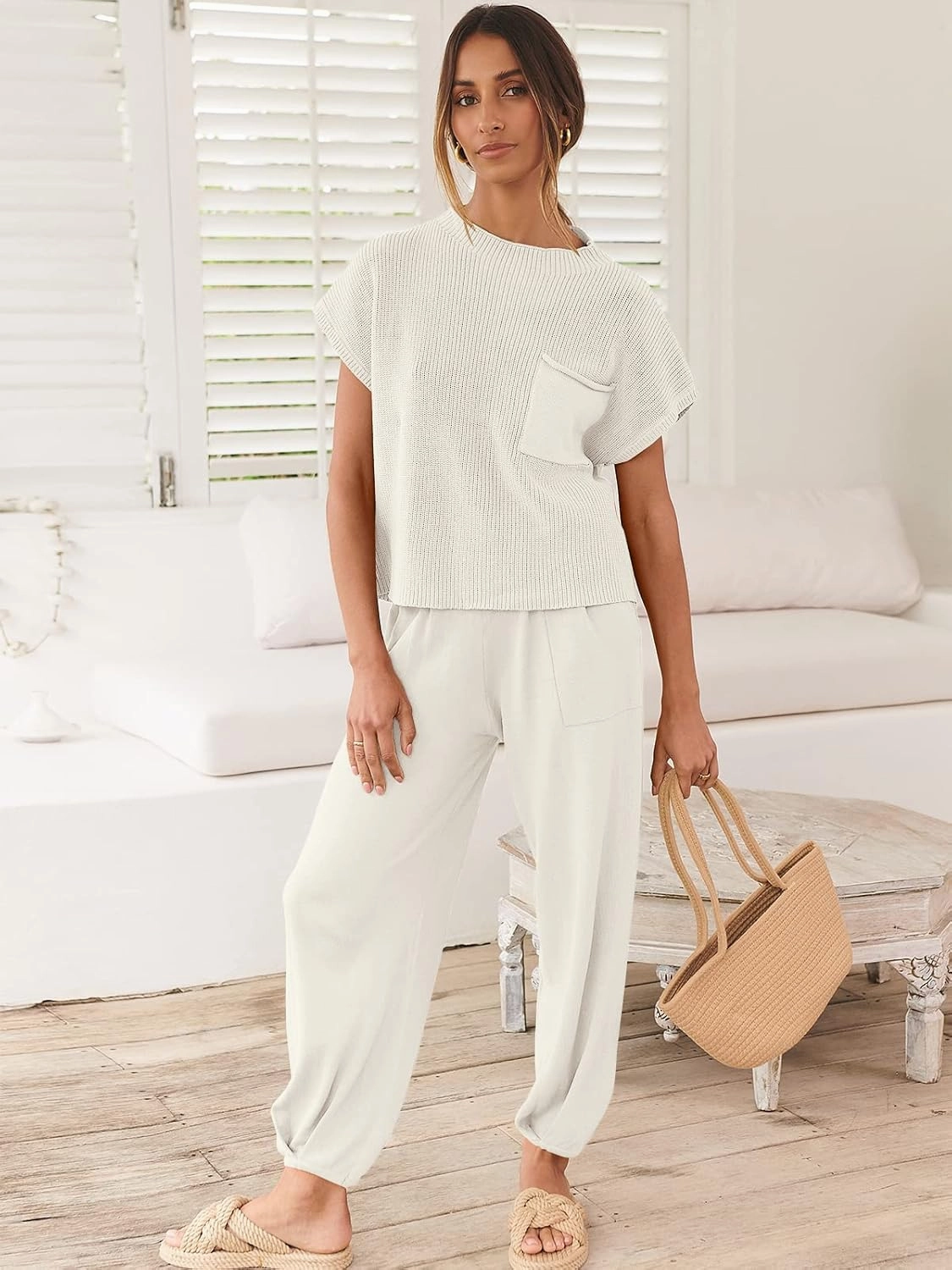 ANRABESS Women's Two Piece Outfits Knit Sweater Vest Crop Top Pants Lounge Matching Tracksuit Sweatsuit Travel Clothes Sets