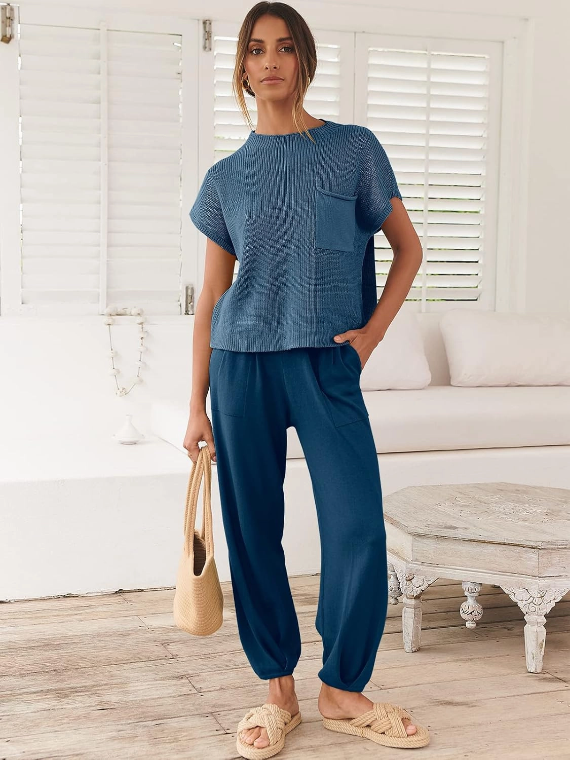 ANRABESS Women's Two Piece Outfits Knit Sweater Vest Crop Top Pants Lounge Matching Tracksuit Sweatsuit Travel Clothes Sets