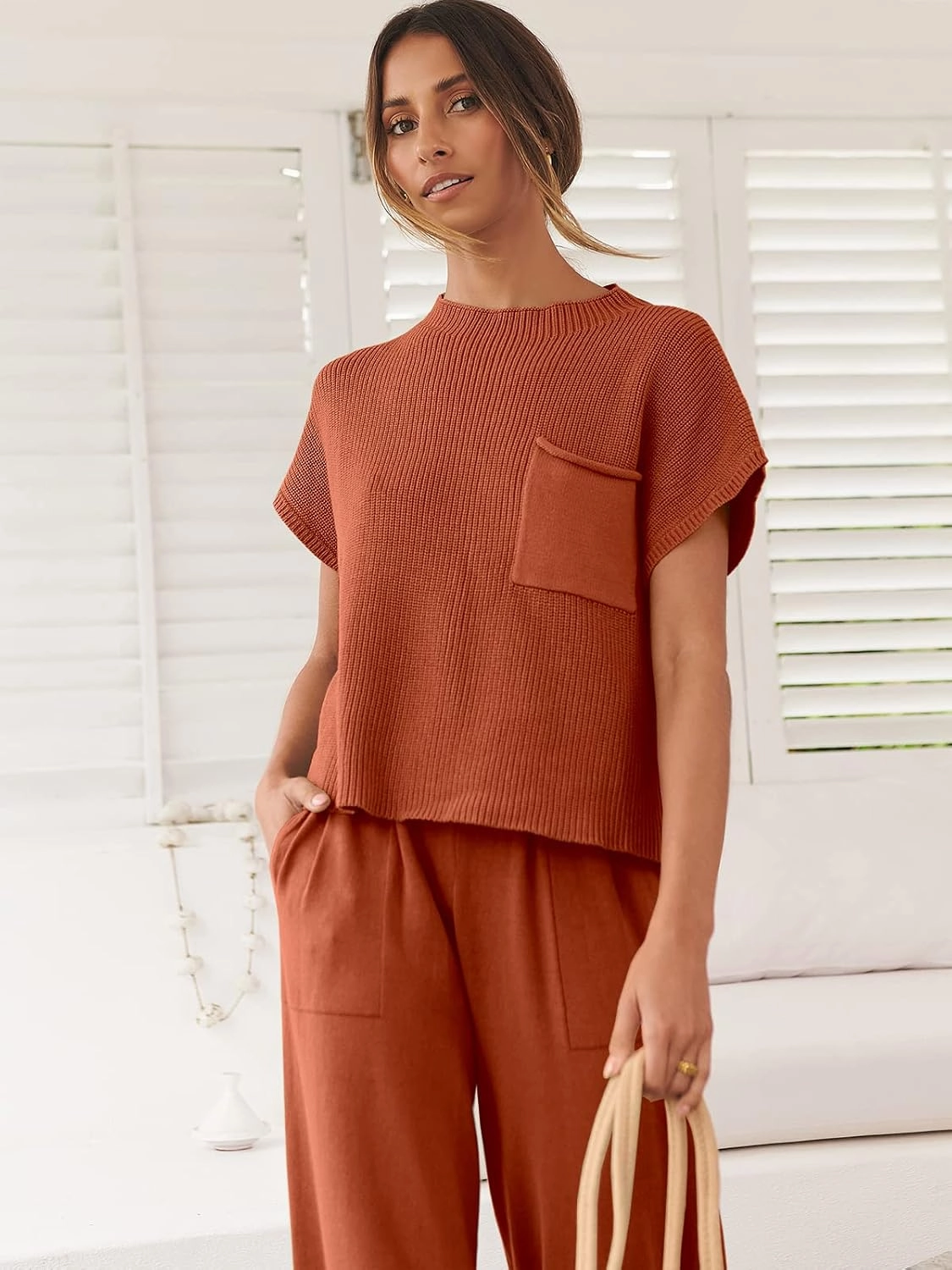 ANRABESS Women's Two Piece Outfits Knit Sweater Vest Crop Top Pants Lounge Matching Tracksuit Sweatsuit Travel Clothes Sets