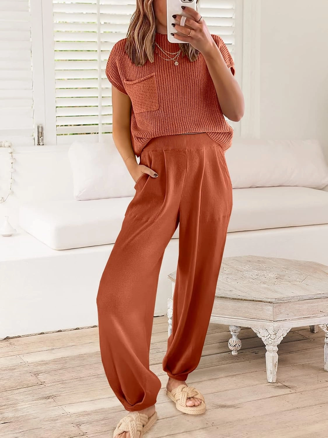 ANRABESS Women's Two Piece Outfits Knit Sweater Vest Crop Top Pants Lounge Matching Tracksuit Sweatsuit Travel Clothes Sets