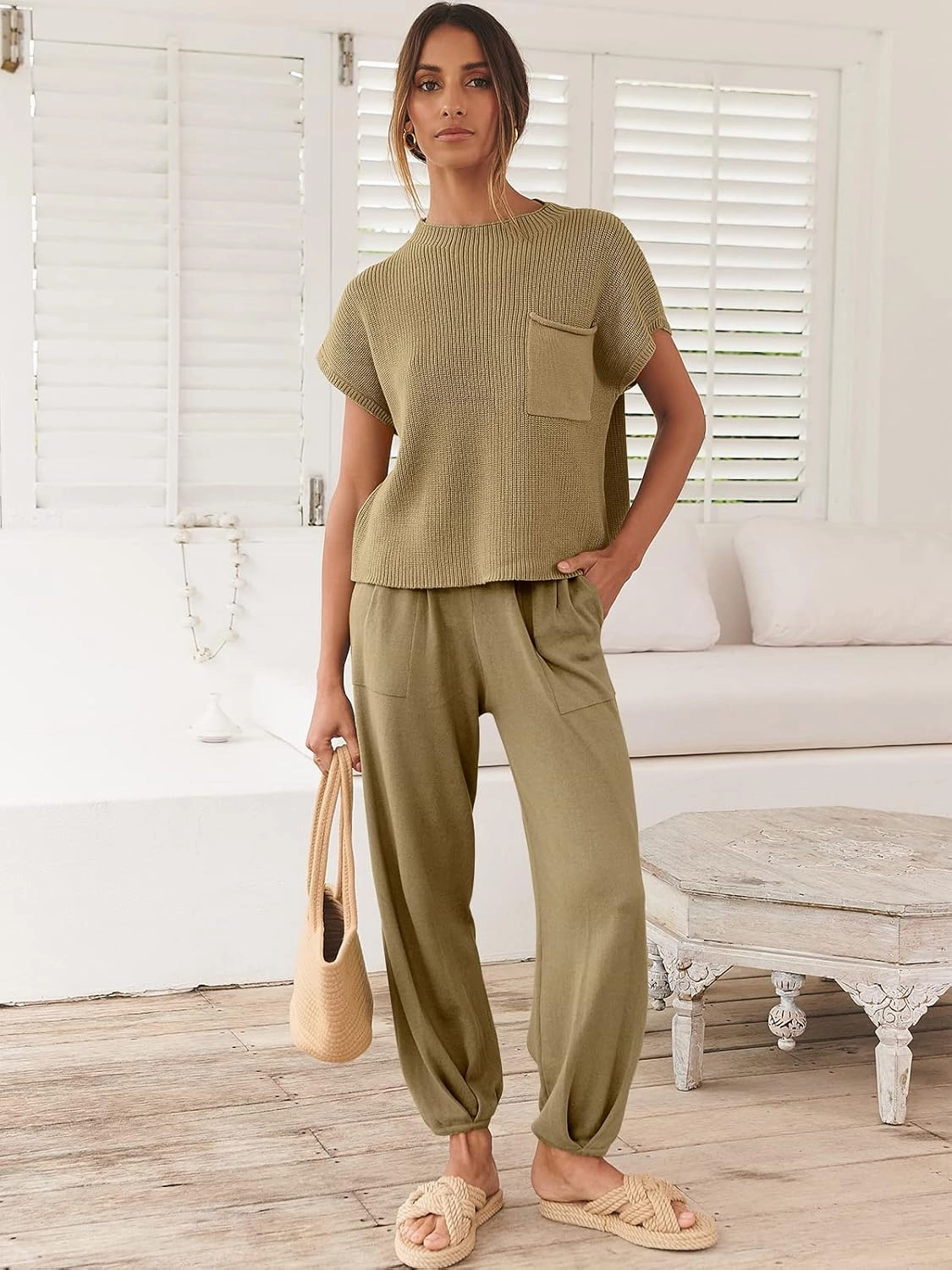 ANRABESS Women's Two Piece Outfits Knit Sweater Vest Crop Top Pants Lounge Matching Tracksuit Sweatsuit Travel Clothes Sets