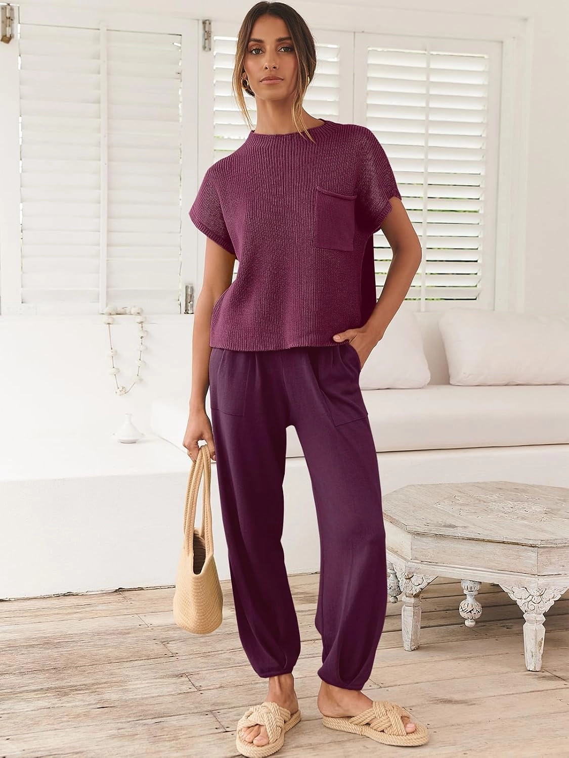ANRABESS Women's Two Piece Outfits Knit Sweater Vest Crop Top Pants Lounge Matching Tracksuit Sweatsuit Travel Clothes Sets