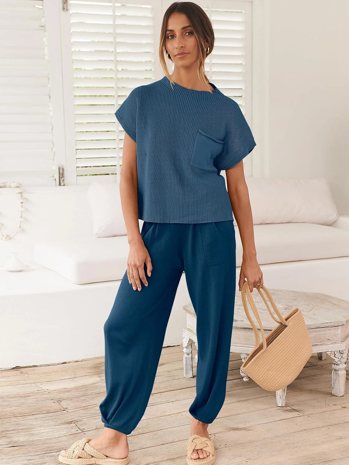 ANRABESS Women's Two Piece Outfits Knit Sweater Vest Crop Top Pants Lounge Matching Tracksuit Sweatsuit Travel Clothes Sets