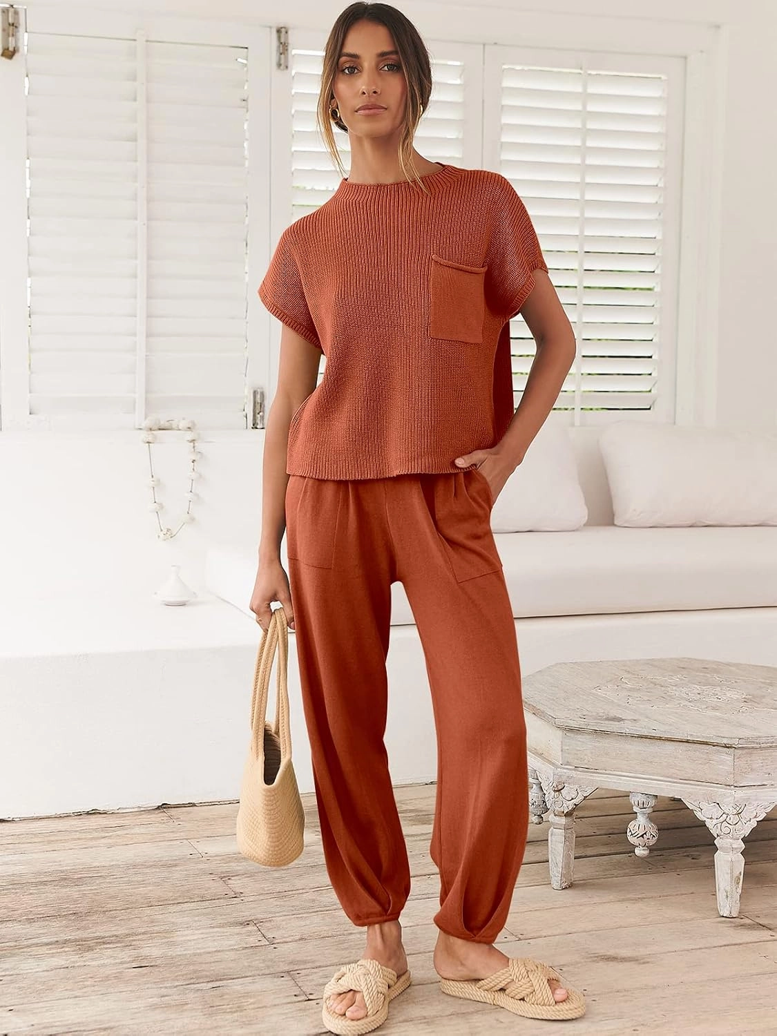 ANRABESS Women's Two Piece Outfits Knit Sweater Vest Crop Top Pants Lounge Matching Tracksuit Sweatsuit Travel Clothes Sets