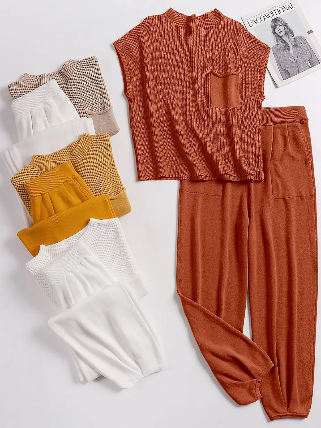 ANRABESS Women's Two Piece Outfits Knit Sweater Vest Crop Top Pants Lounge Matching Tracksuit Sweatsuit Travel Clothes Sets