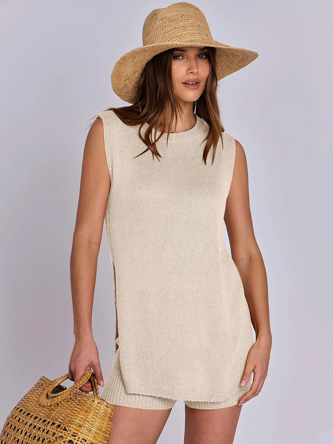 ANRABESS Women Summer 2 Piece Outfits Sleeveless Knit Sweater Top & Shorts Soft Lounge Sets Travel Beach 2025 Spring Clothes