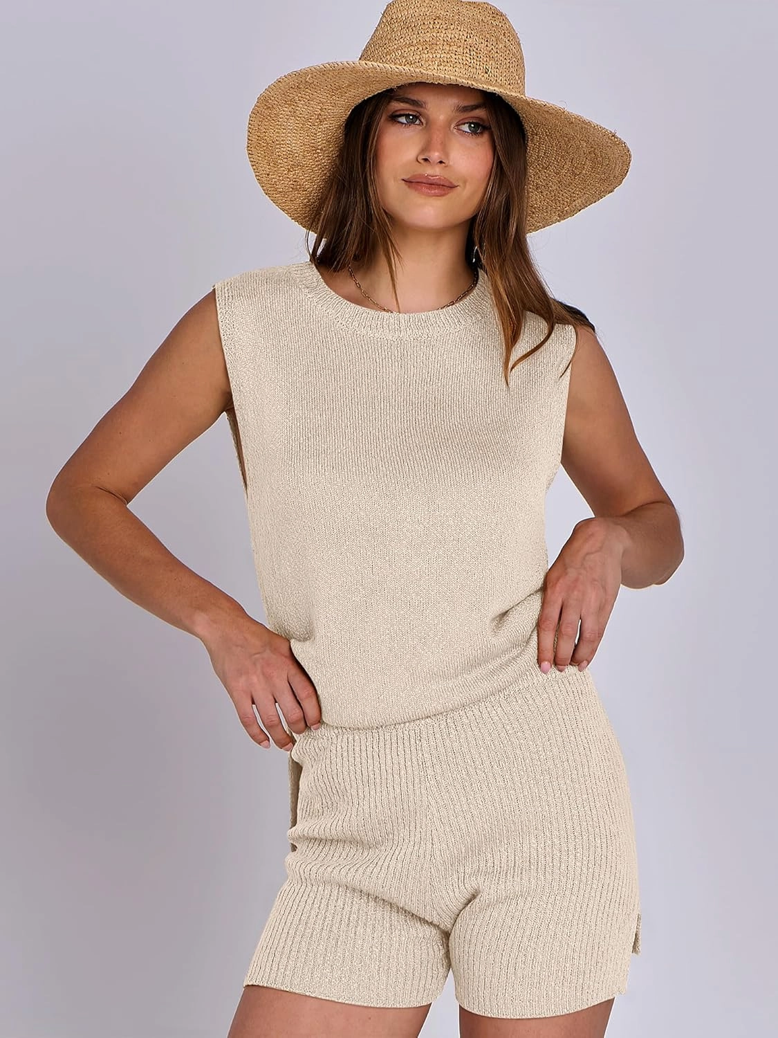 ANRABESS Women Summer 2 Piece Outfits Sleeveless Knit Sweater Top & Shorts Soft Lounge Sets Travel Beach 2025 Spring Clothes