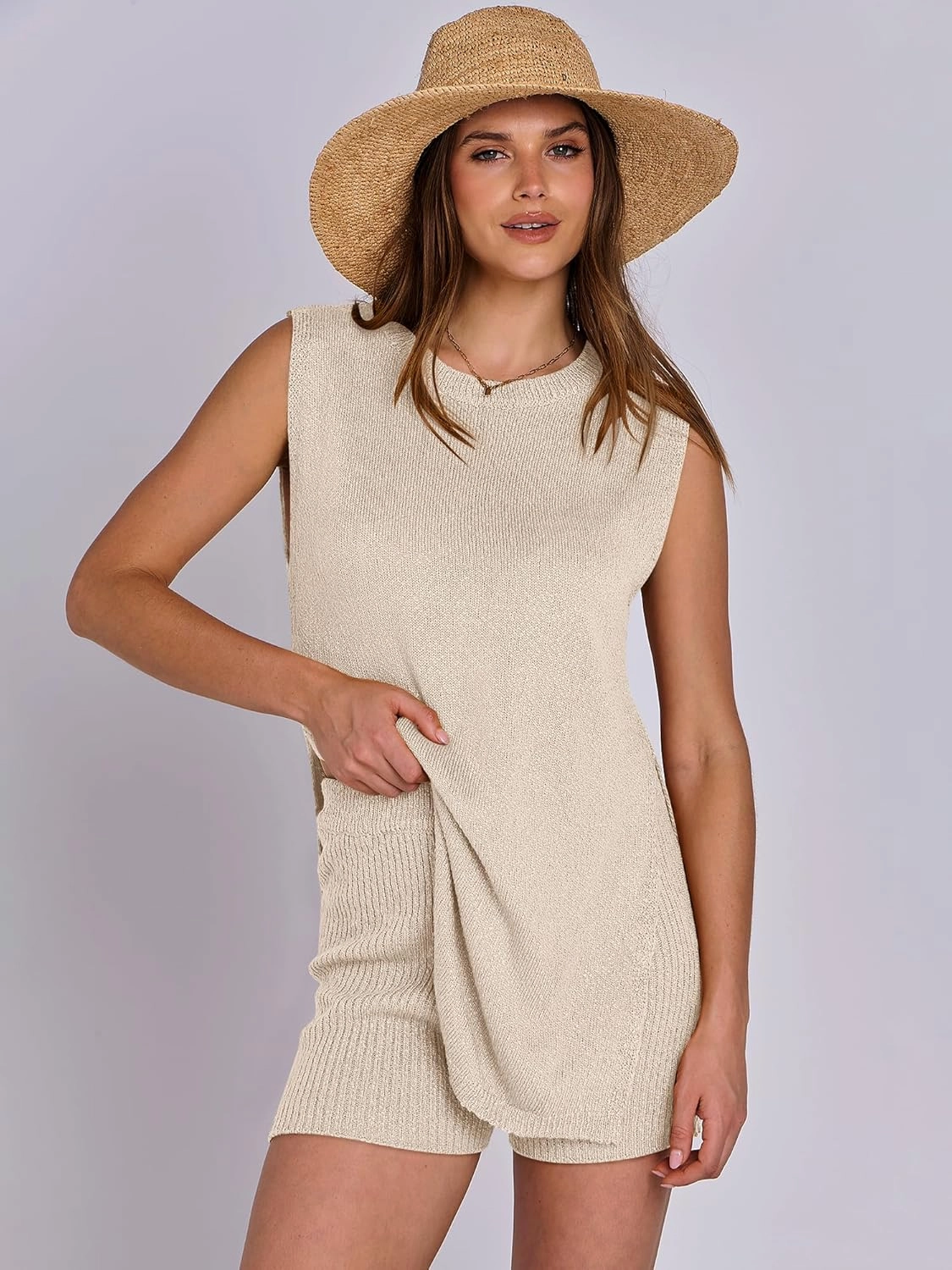 ANRABESS Women Summer 2 Piece Outfits Sleeveless Knit Sweater Top & Shorts Soft Lounge Sets Travel Beach 2025 Spring Clothes