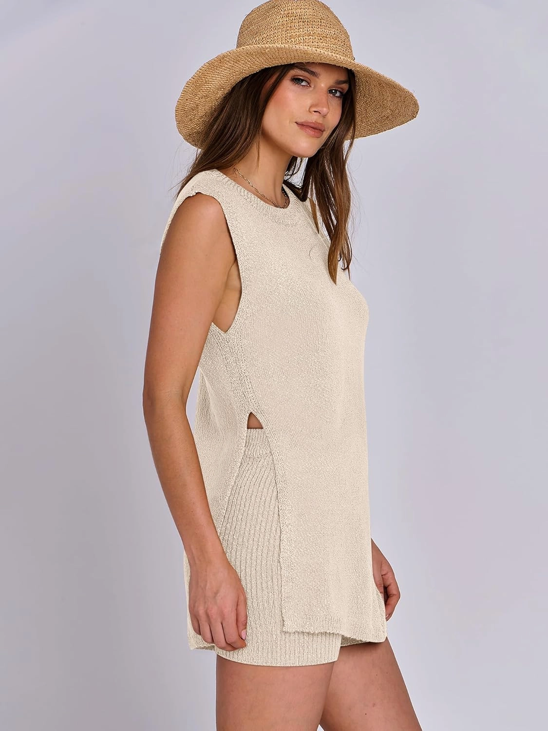 ANRABESS Women Summer 2 Piece Outfits Sleeveless Knit Sweater Top & Shorts Soft Lounge Sets Travel Beach 2025 Spring Clothes