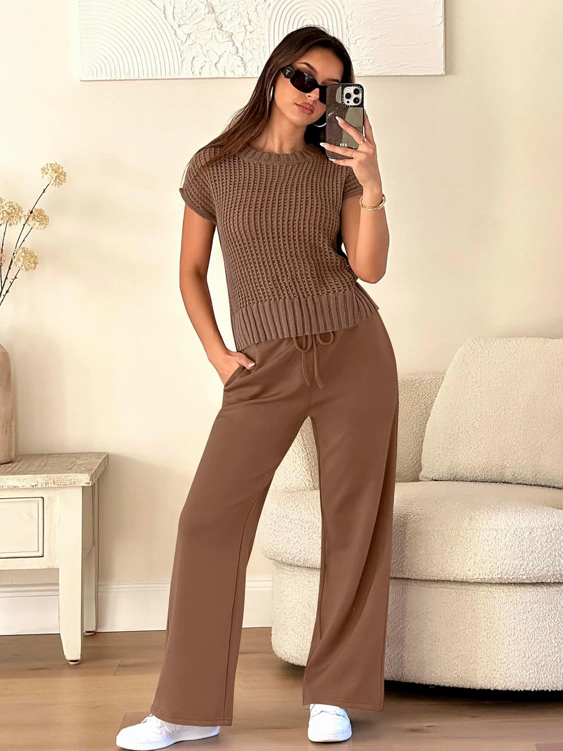 ANRABESS Women Two Piece Outfits Crochet Sheer Knit Sweater Top Wide Leg Pants Lounge Matching Sets Sweatsuit Travel Clothes