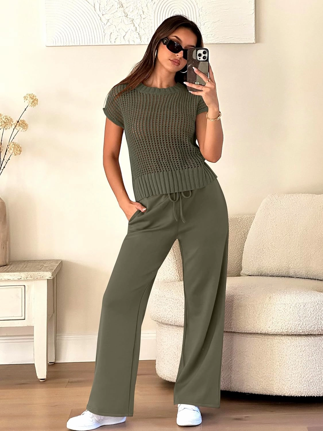 ANRABESS Women Two Piece Outfits Crochet Sheer Knit Sweater Top Wide Leg Pants Lounge Matching Sets Sweatsuit Travel Clothes