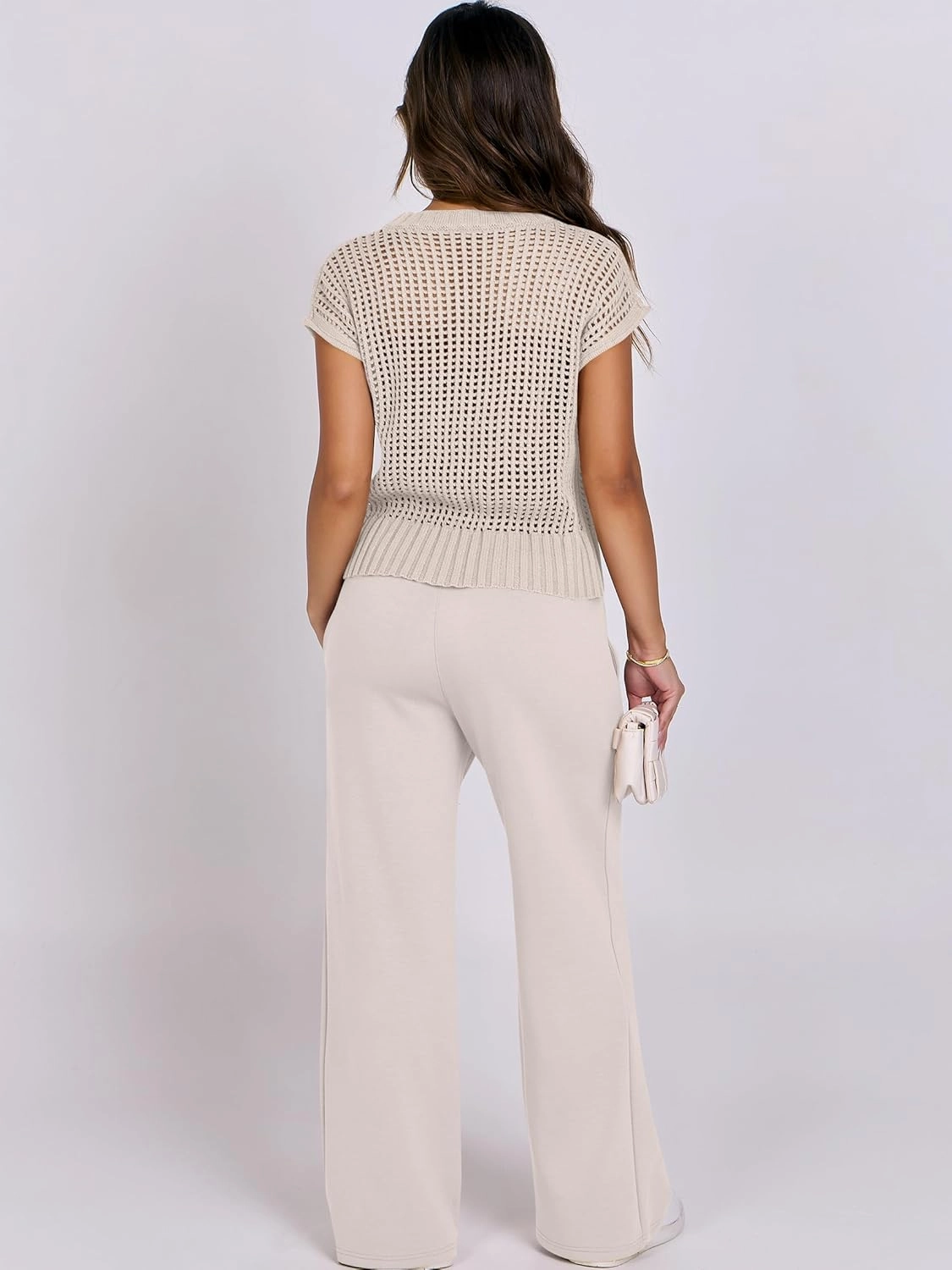 ANRABESS Women Two Piece Outfits Crochet Sheer Knit Sweater Top Wide Leg Pants Lounge Matching Sets Sweatsuit Travel Clothes