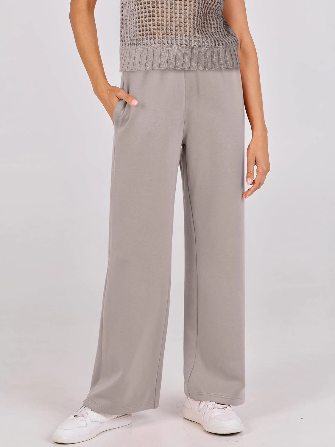 ANRABESS Women Two Piece Outfits Crochet Sheer Knit Sweater Top Wide Leg Pants Lounge Matching Sets Sweatsuit Travel Clothes