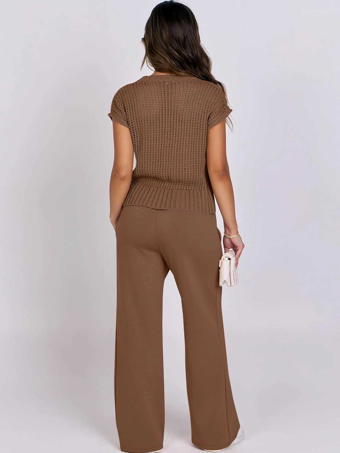 ANRABESS Women Two Piece Outfits Crochet Sheer Knit Sweater Top Wide Leg Pants Lounge Matching Sets Sweatsuit Travel Clothes