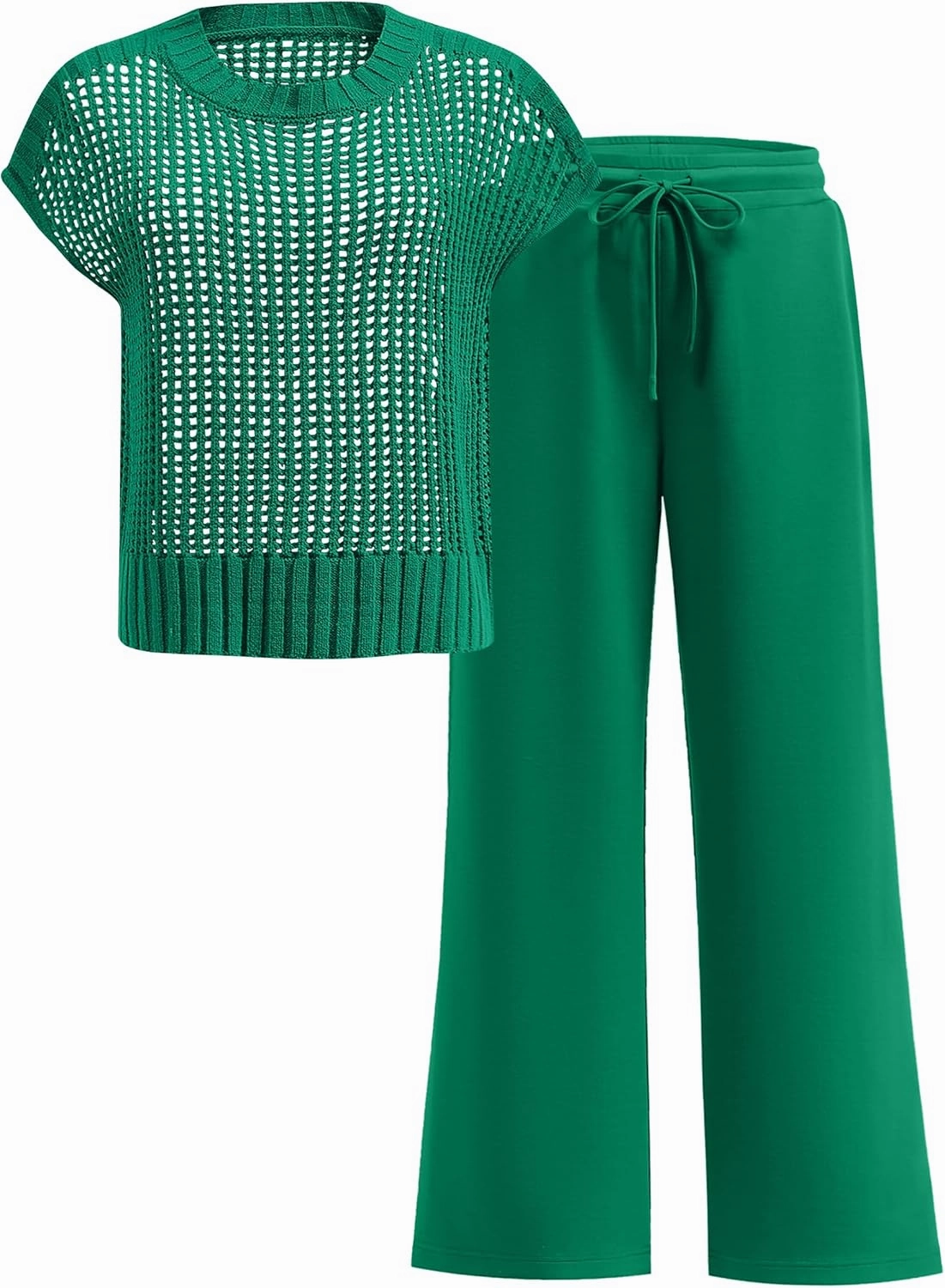 ANRABESS Women Two Piece Outfits Crochet Sheer Knit Sweater Top Wide Leg Pants Lounge Matching Sets Sweatsuit Travel Clothes