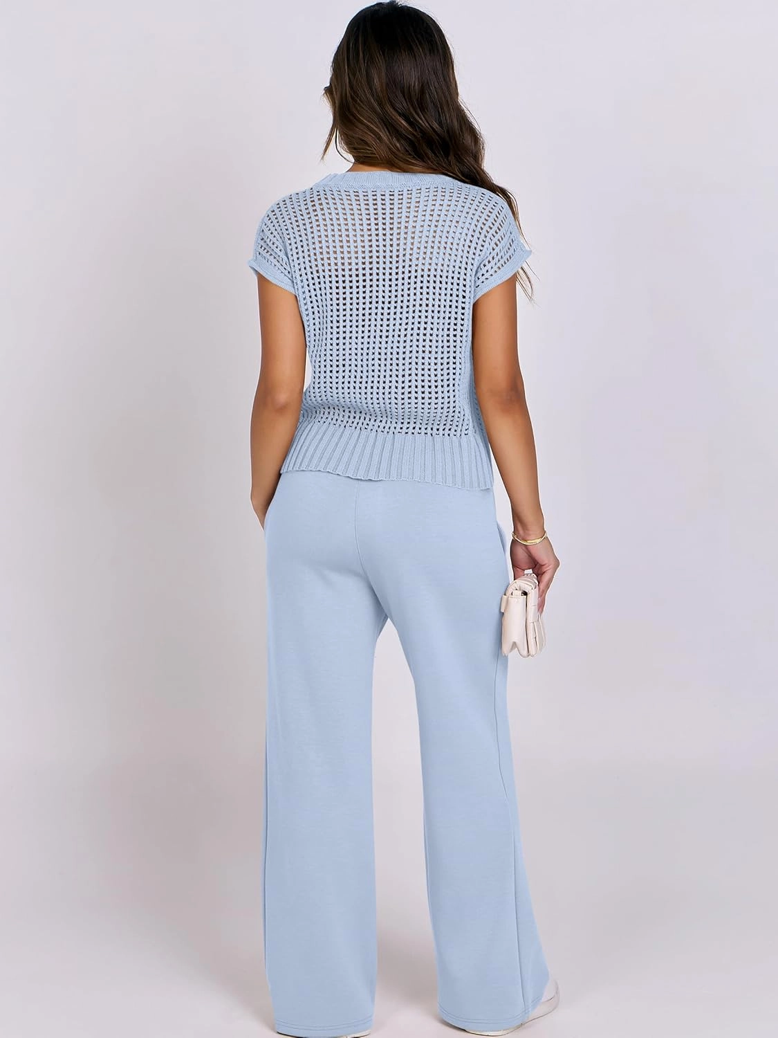 ANRABESS Women Two Piece Outfits Crochet Sheer Knit Sweater Top Wide Leg Pants Lounge Matching Sets Sweatsuit Travel Clothes