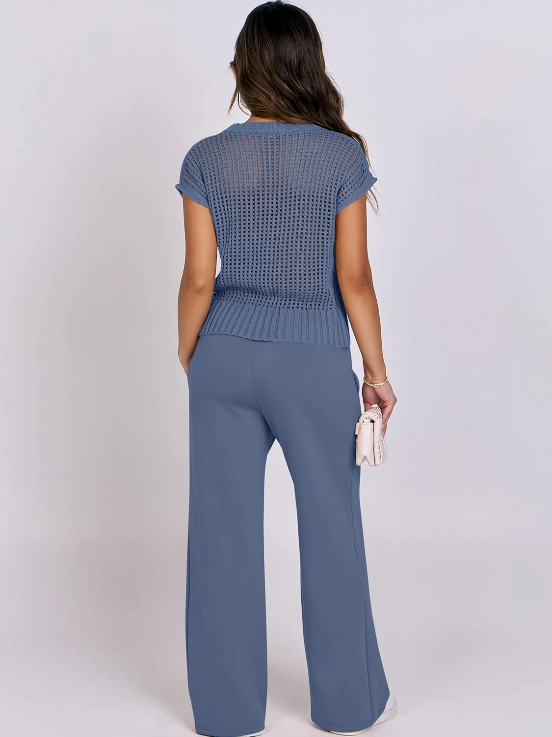 ANRABESS Women Two Piece Outfits Crochet Sheer Knit Sweater Top Wide Leg Pants Lounge Matching Sets Sweatsuit Travel Clothes