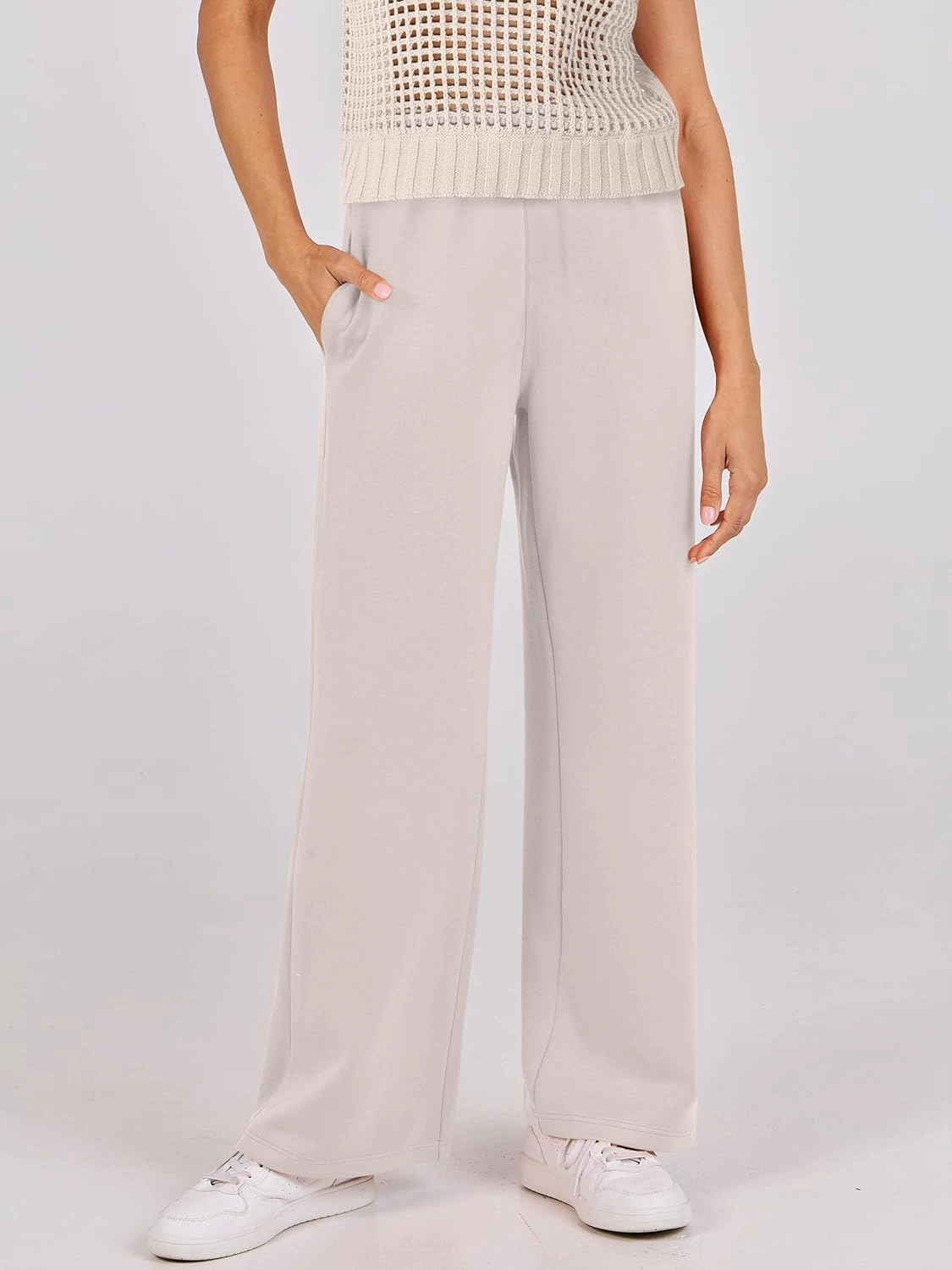 ANRABESS Women Two Piece Outfits Crochet Sheer Knit Sweater Top Wide Leg Pants Lounge Matching Sets Sweatsuit Travel Clothes