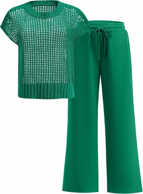 ANRABESS Women Two Piece Outfits Crochet Sheer Knit Sweater Top Wide Leg Pants Lounge Matching Sets Sweatsuit Travel Clothes