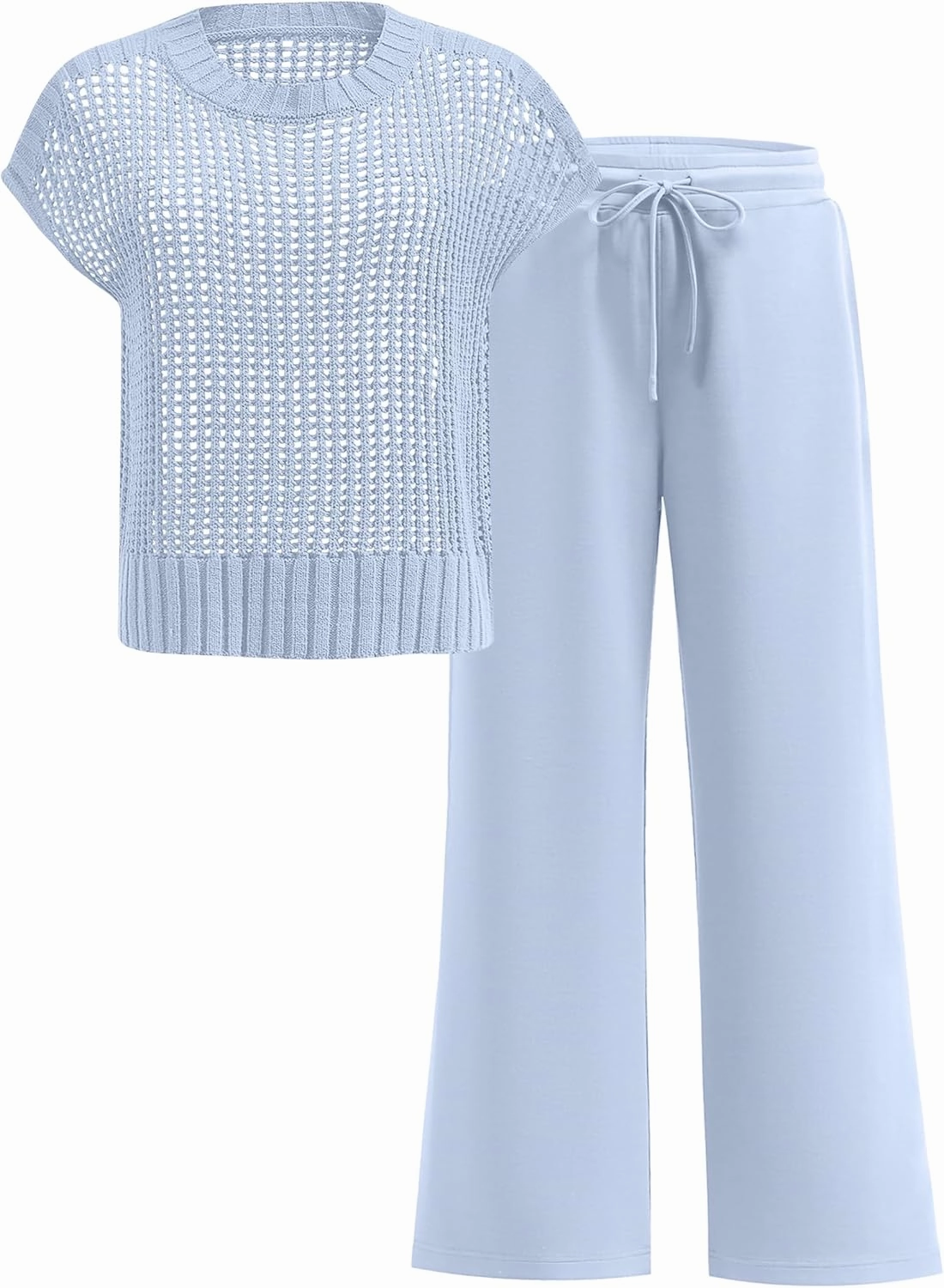 ANRABESS Women Two Piece Outfits Crochet Sheer Knit Sweater Top Wide Leg Pants Lounge Matching Sets Sweatsuit Travel Clothes