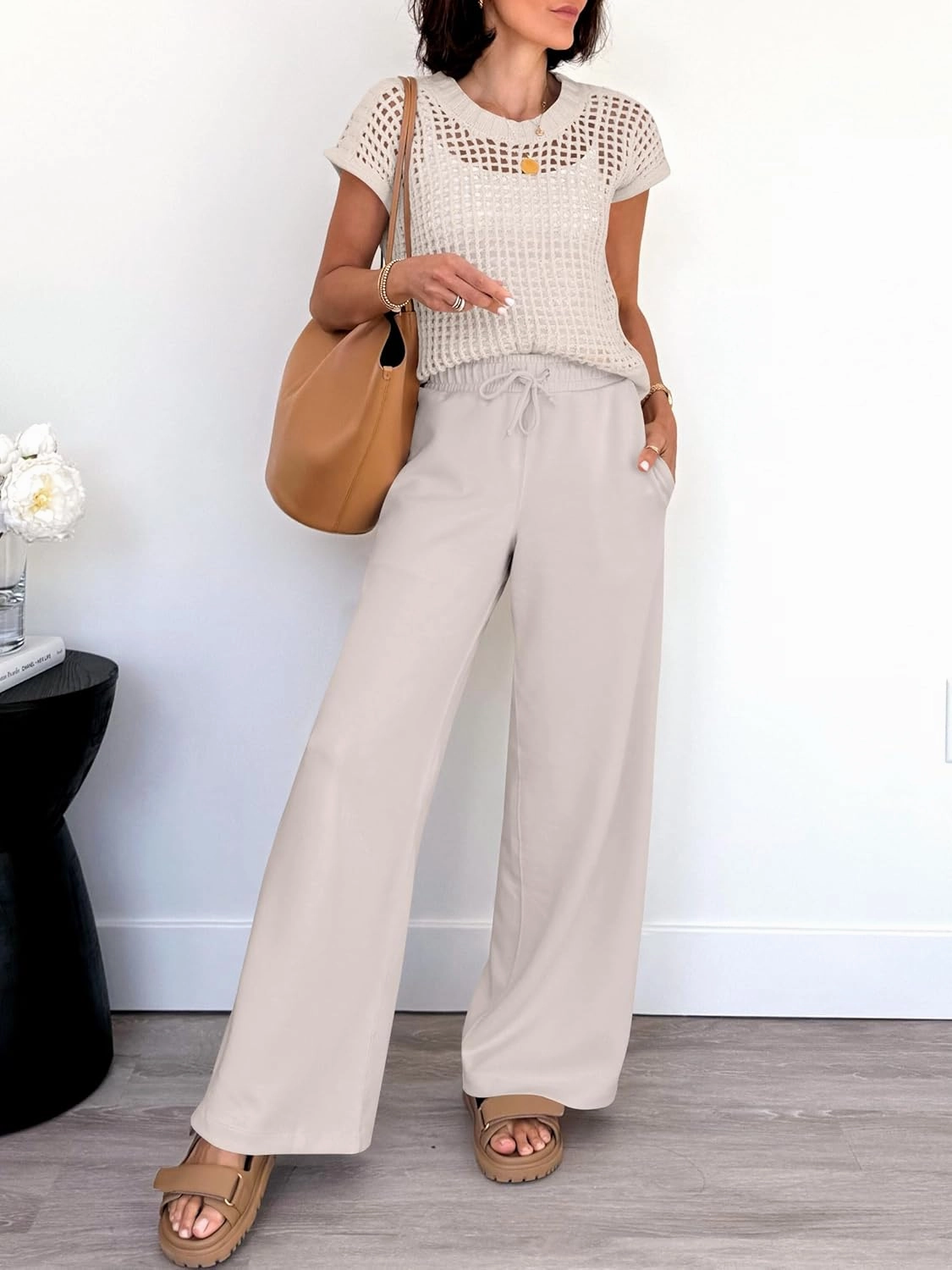ANRABESS Women Two Piece Outfits Crochet Sheer Knit Sweater Top Wide Leg Pants Lounge Matching Sets Sweatsuit Travel Clothes