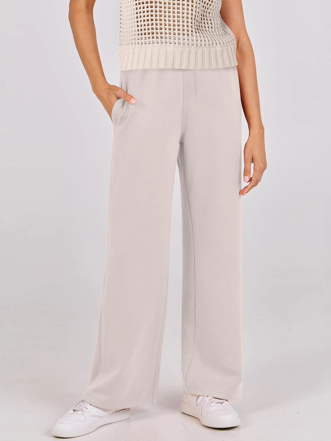 ANRABESS Women Two Piece Outfits Crochet Sheer Knit Sweater Top Wide Leg Pants Lounge Matching Sets Sweatsuit Travel Clothes
