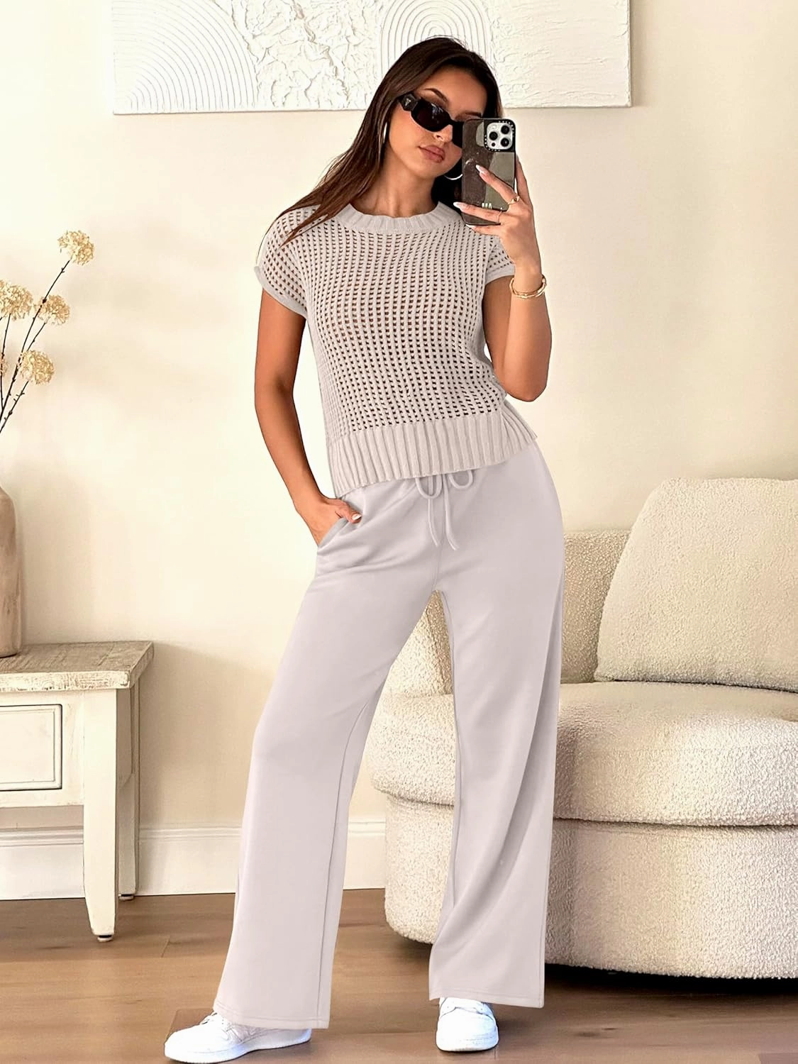 ANRABESS Women Two Piece Outfits Crochet Sheer Knit Sweater Top Wide Leg Pants Lounge Matching Sets Sweatsuit Travel Clothes