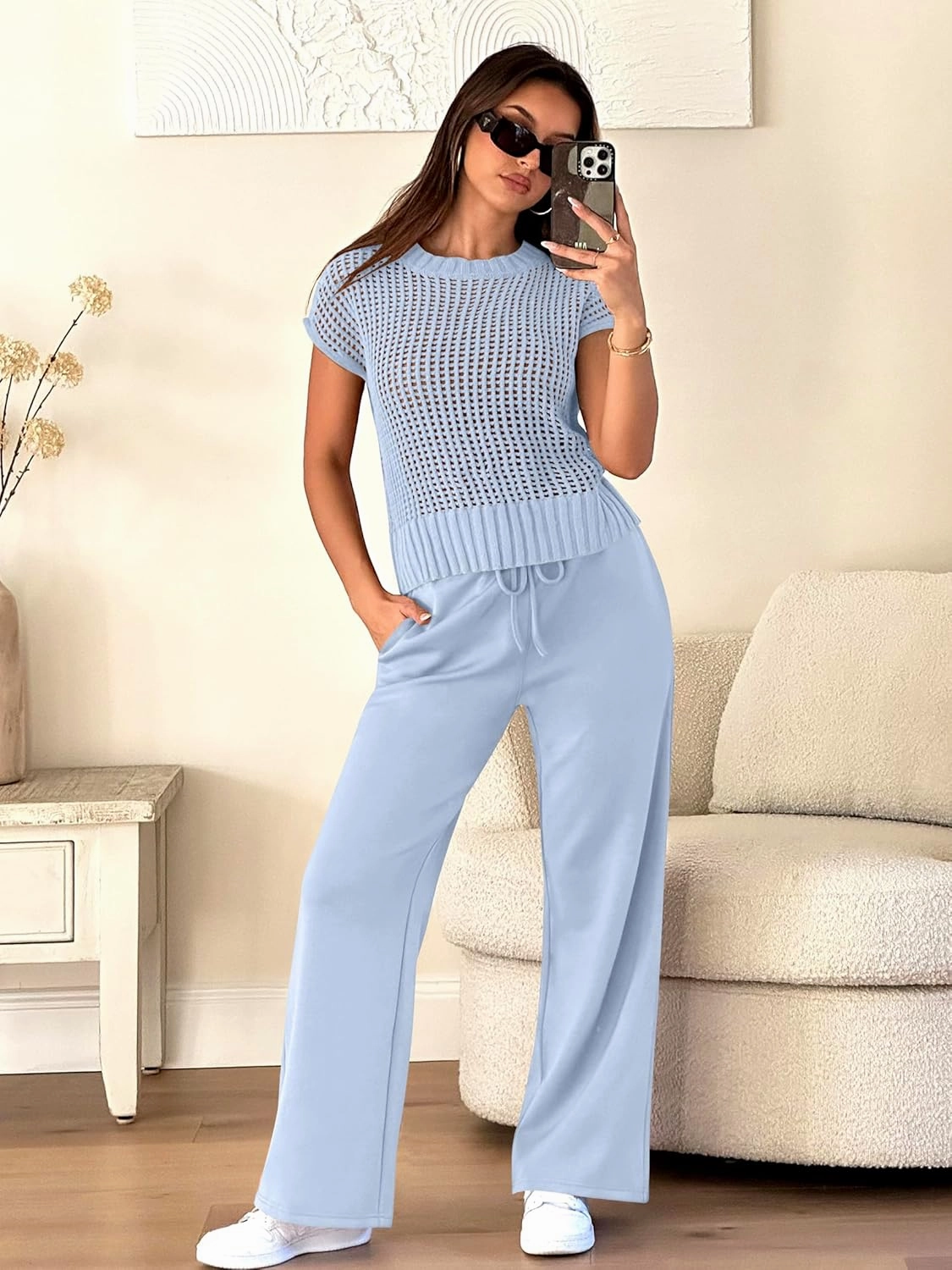 ANRABESS Women Two Piece Outfits Crochet Sheer Knit Sweater Top Wide Leg Pants Lounge Matching Sets Sweatsuit Travel Clothes