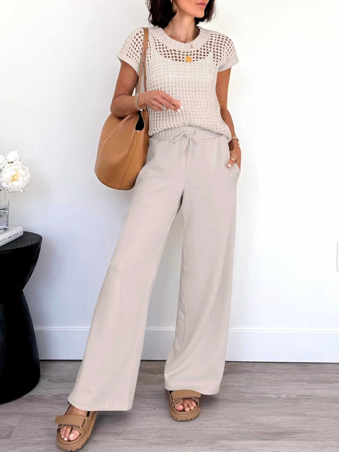 ANRABESS Women Two Piece Outfits Crochet Sheer Knit Sweater Top Wide Leg Pants Lounge Matching Sets Sweatsuit Travel Clothes