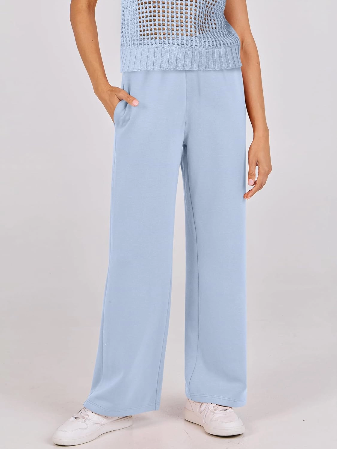 ANRABESS Women Two Piece Outfits Crochet Sheer Knit Sweater Top Wide Leg Pants Lounge Matching Sets Sweatsuit Travel Clothes