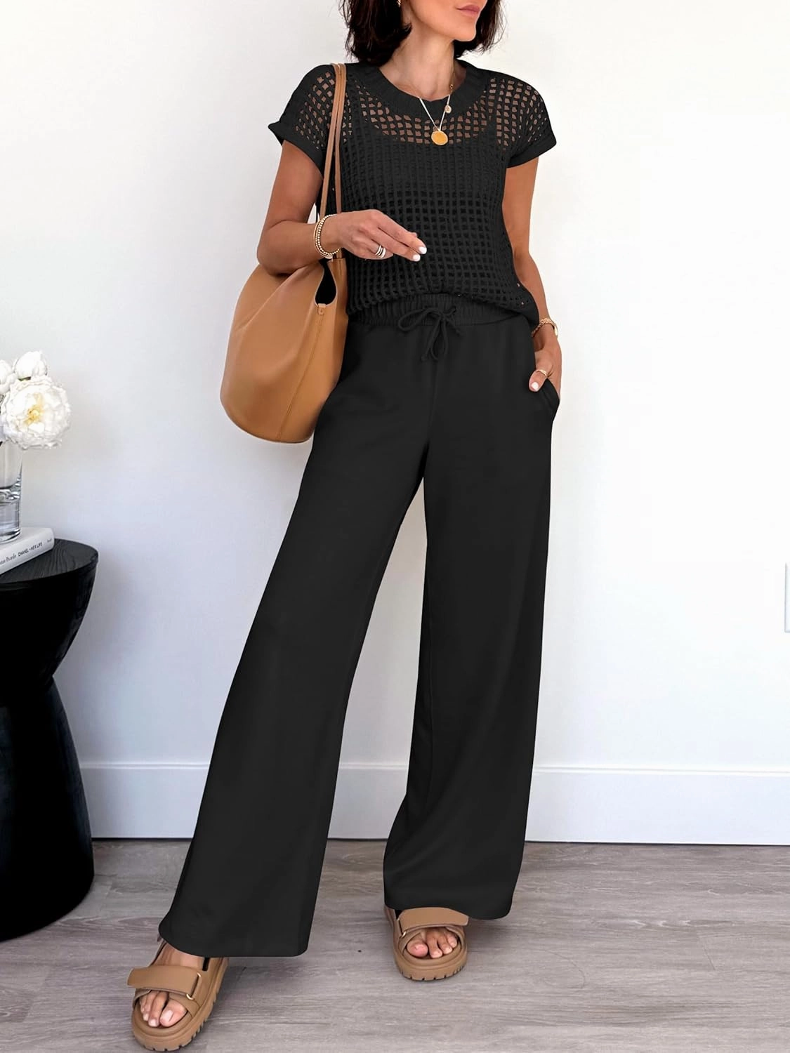 ANRABESS Women Two Piece Outfits Crochet Sheer Knit Sweater Top Wide Leg Pants Lounge Matching Sets Sweatsuit Travel Clothes