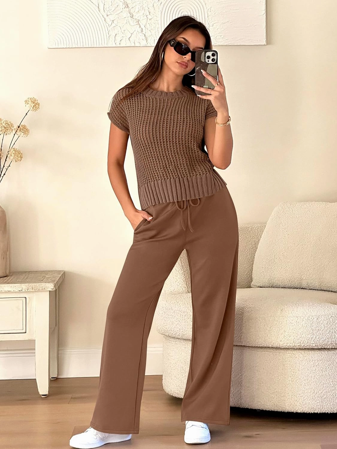 ANRABESS Women Two Piece Outfits Crochet Sheer Knit Sweater Top Wide Leg Pants Lounge Matching Sets Sweatsuit Travel Clothes