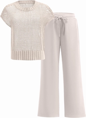 ANRABESS Women Two Piece Outfits Crochet Sheer Knit Sweater Top Wide Leg Pants Lounge Matching Sets Sweatsuit Travel Clothes