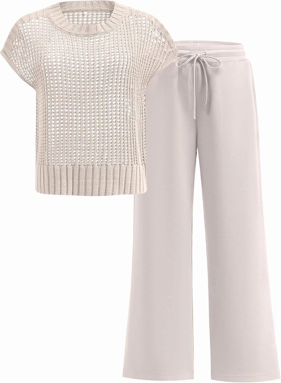 ANRABESS Women Two Piece Outfits Crochet Sheer Knit Sweater Top Wide Leg Pants Lounge Matching Sets Sweatsuit Travel Clothes
