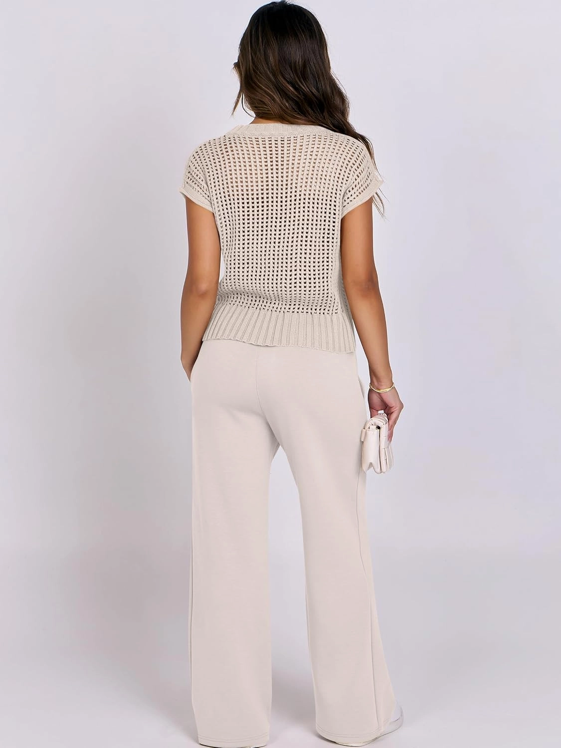 ANRABESS Women Two Piece Outfits Crochet Sheer Knit Sweater Top Wide Leg Pants Lounge Matching Sets Sweatsuit Travel Clothes