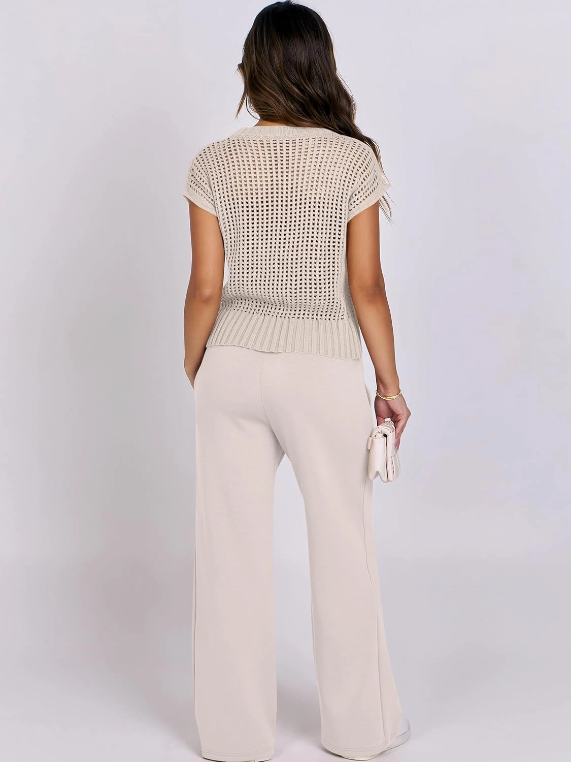 ANRABESS Women Two Piece Outfits Crochet Sheer Knit Sweater Top Wide Leg Pants Lounge Matching Sets Sweatsuit Travel Clothes