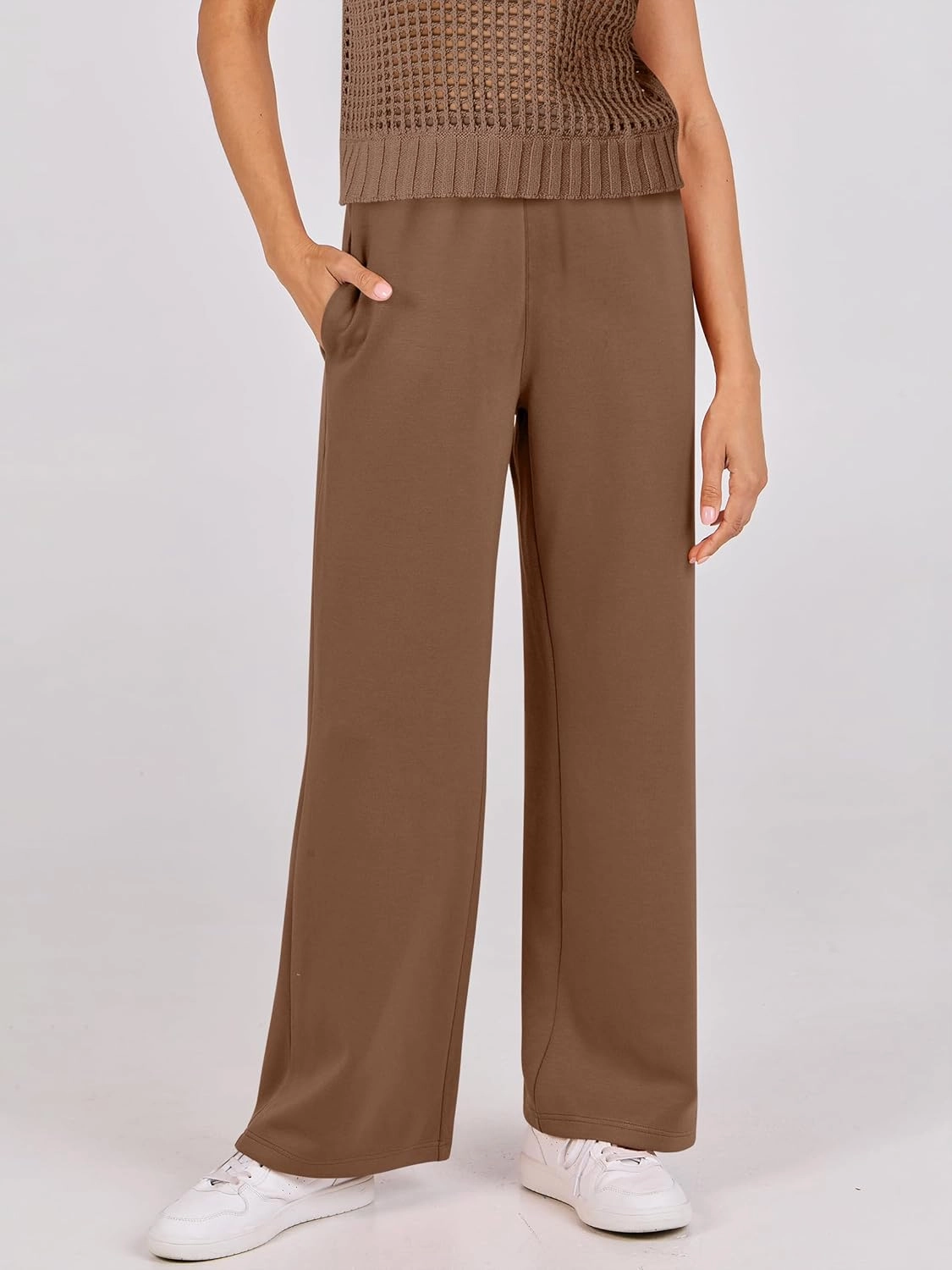 ANRABESS Women Two Piece Outfits Crochet Sheer Knit Sweater Top Wide Leg Pants Lounge Matching Sets Sweatsuit Travel Clothes