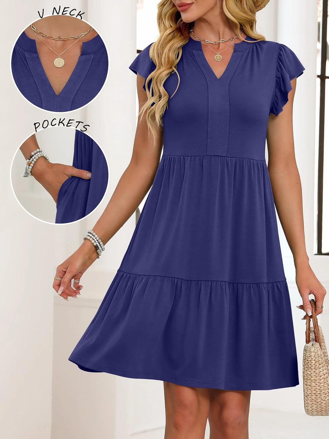 ANRABESS Womens Summer Casual Mini Dress Ruffle Sleeve V Neck Sundress 2025 Fashion Flowy Tiered Boho Beach Vacation Dresses