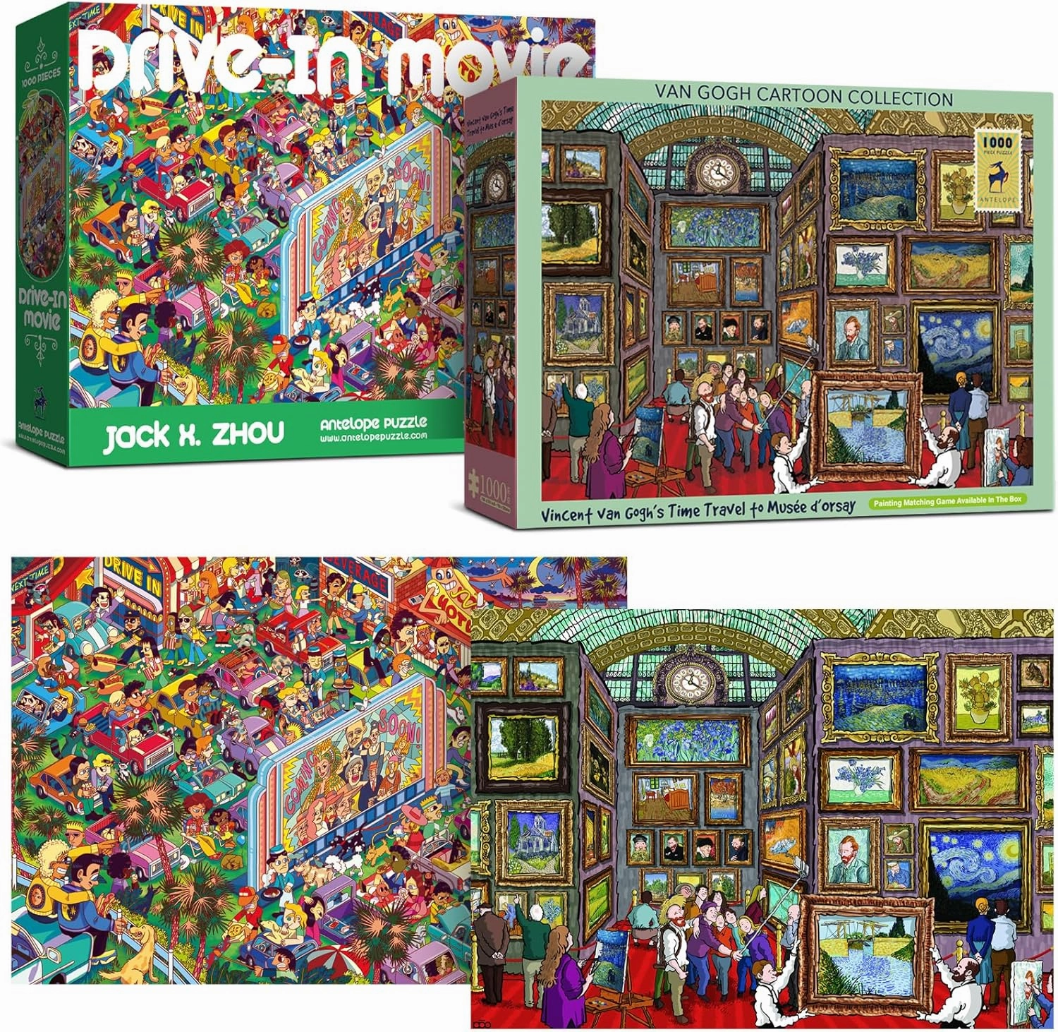Antelope 2 in 1 1000 Piece Puzzle Bundle-Van Gogh's Time Travel to Muse Da Orsay-1000 Piece Jigsaw Puzzle Bundle with Drive-in Movie-1000 Piece Jigsaw Puzzle,Time Travel to Orsay   Drive-in Movie