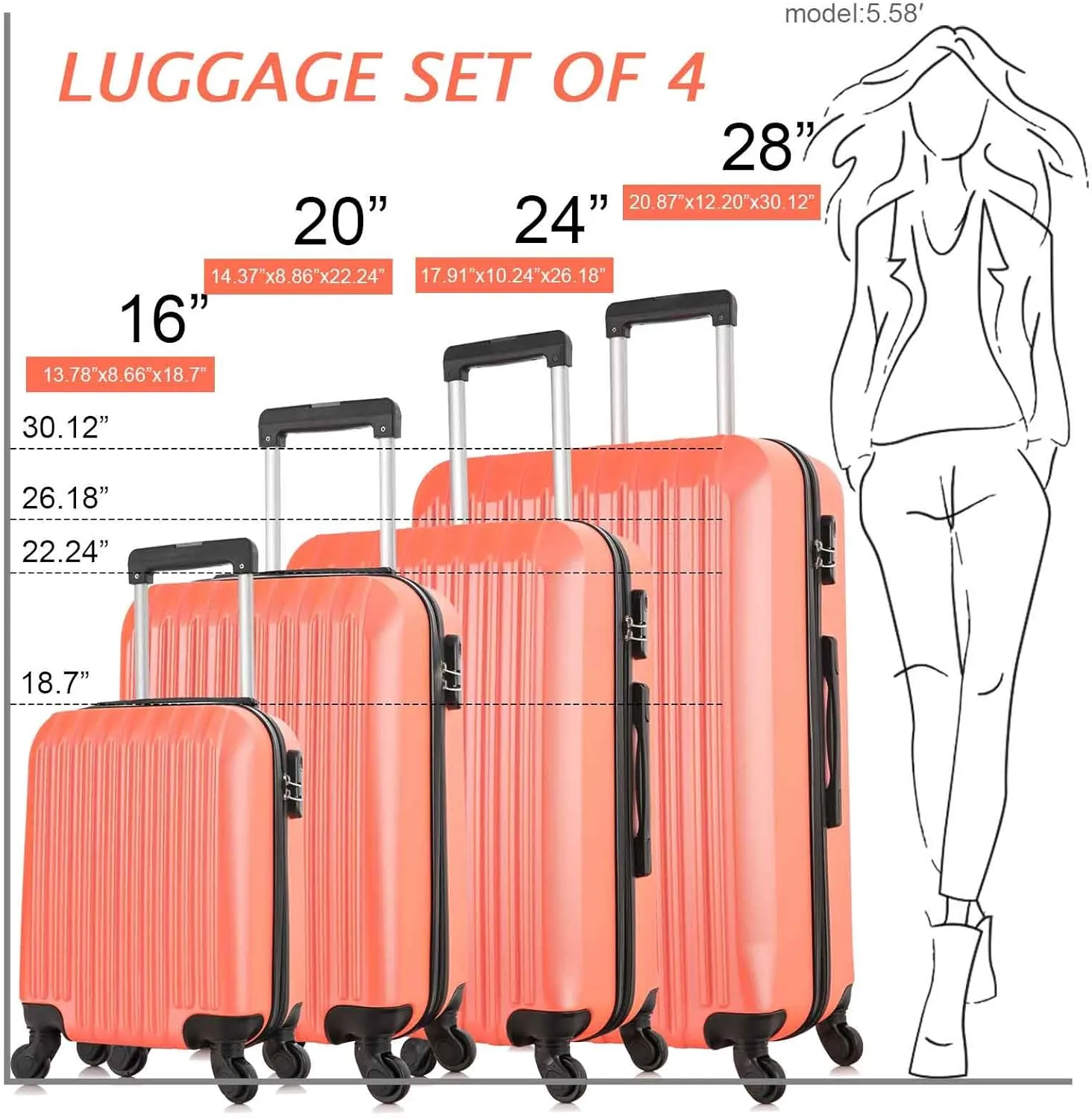 Apelila 4 Piece Hardshell Luggage Sets,Travel Suitcase,Carry On Luggage with Spinner Wheels Free Cover&Hanger Inside4PC (Orange)