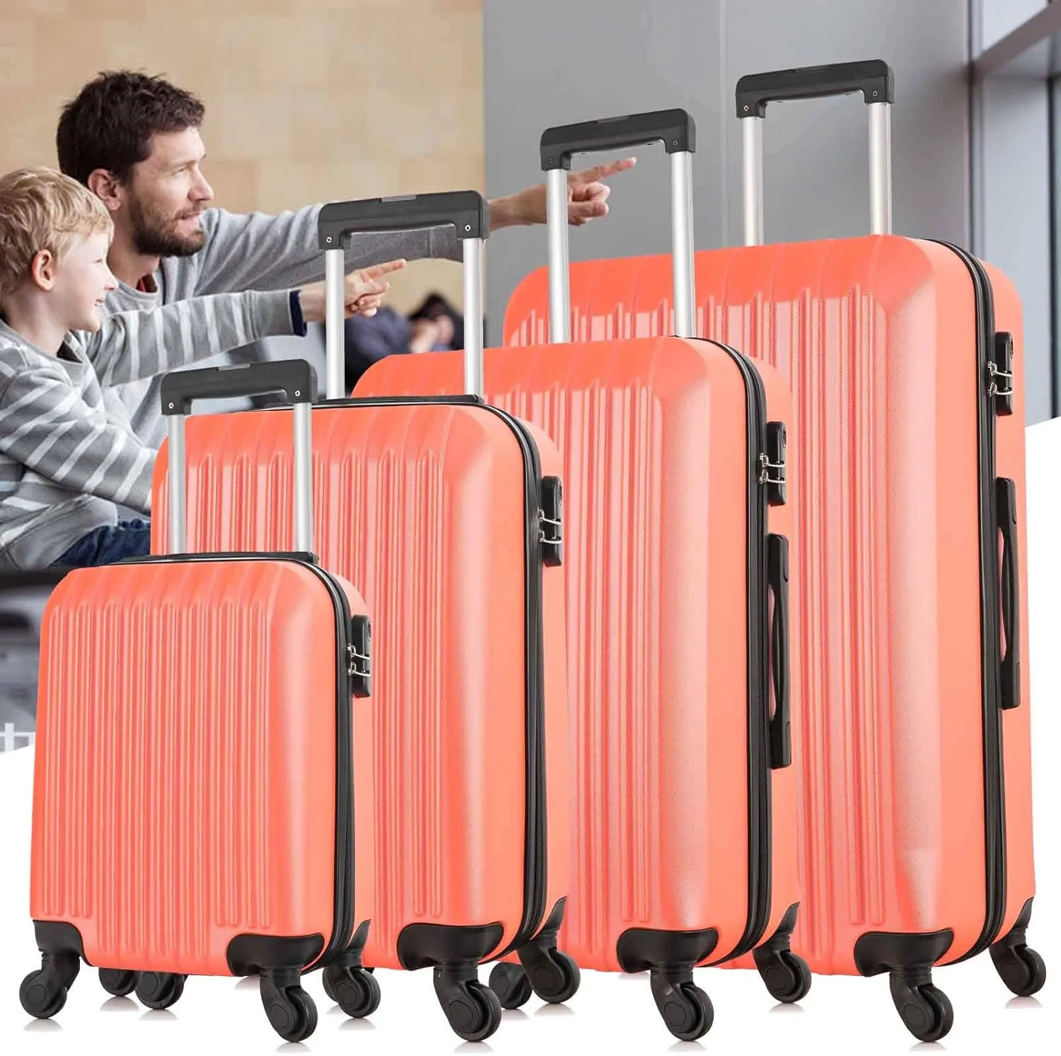 Apelila 4 Piece Hardshell Luggage Sets,Travel Suitcase,Carry On Luggage with Spinner Wheels Free Cover&Hanger Inside4PC (Orange)