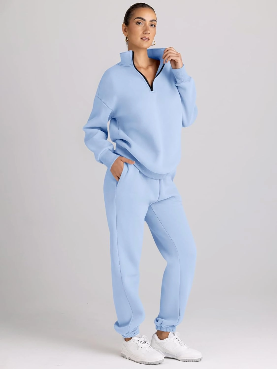 AUTOMET Women's Sweatsuits 2 Piece Outfits Long Sleeve Half Zip Pullover and Baggy Sweatpants with Pockets