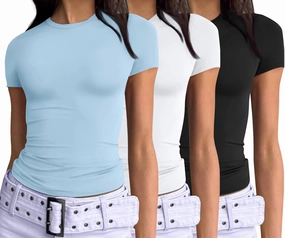 AUTOMET Womens 3 Piece Short Sleeve Shirts Basic Going Out Slim Fitted Crop Tops 2025 Summer Y2k Clothes